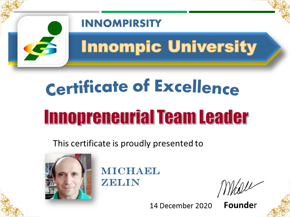 Innopreneurial Team Leader award certificate, Innompic University, Inovartity, USA best innovator, Michael Zelin, Innompics USA, disruptive innovation
