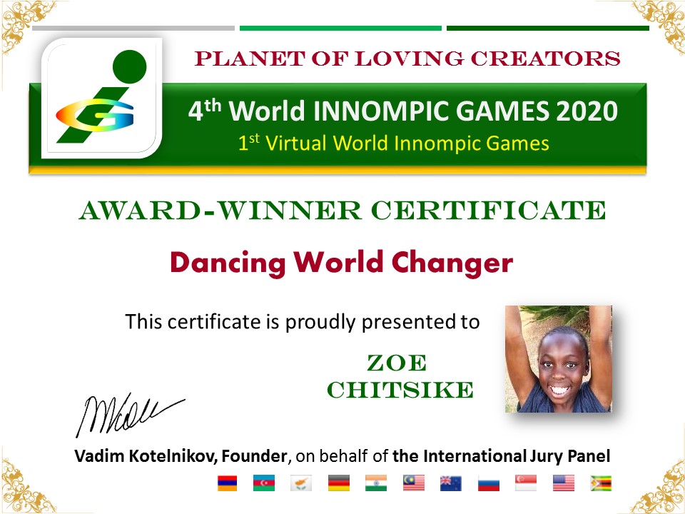Dancing World Changer award certificate, Zoe Chitsike, Zimbabwe, Africa