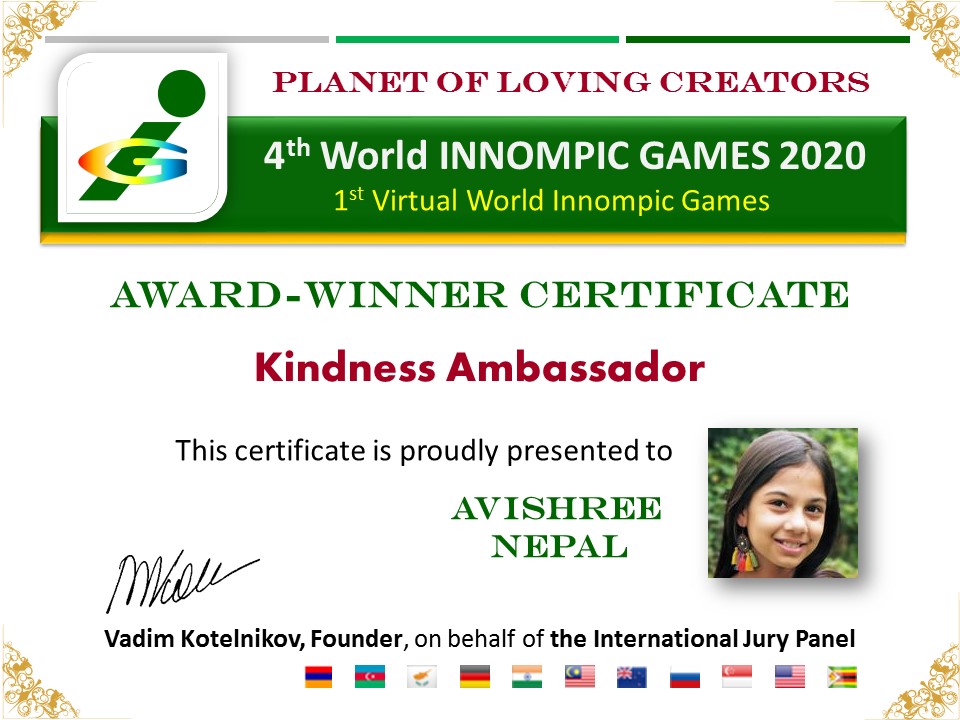 Kindness Ambassador award certificate Avishree Nepal