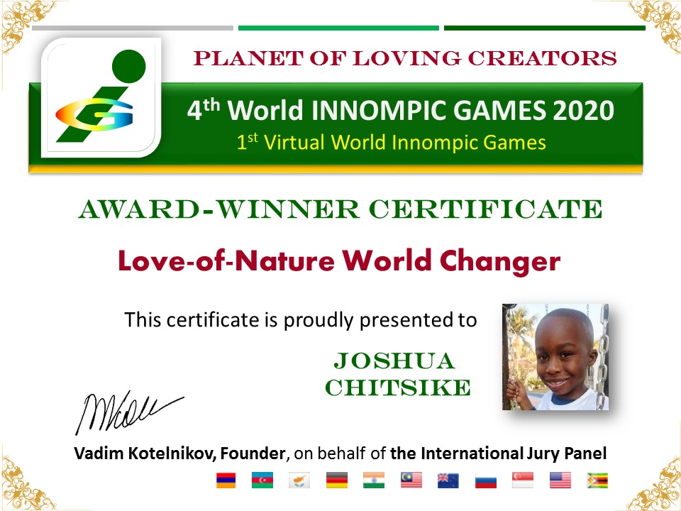 Love of Nature World Changer award certificate, Joshua Chitsike, Zimbabwe, Africa