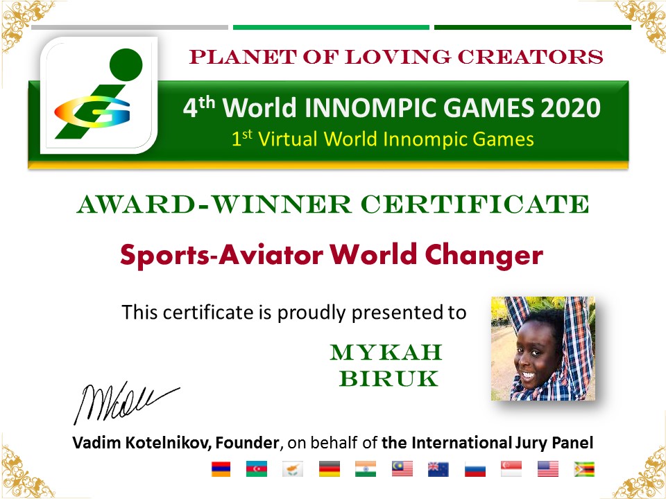 Sports Aviator World Changer award certificate, Mykah Biruk, Zimbabwe, Africa