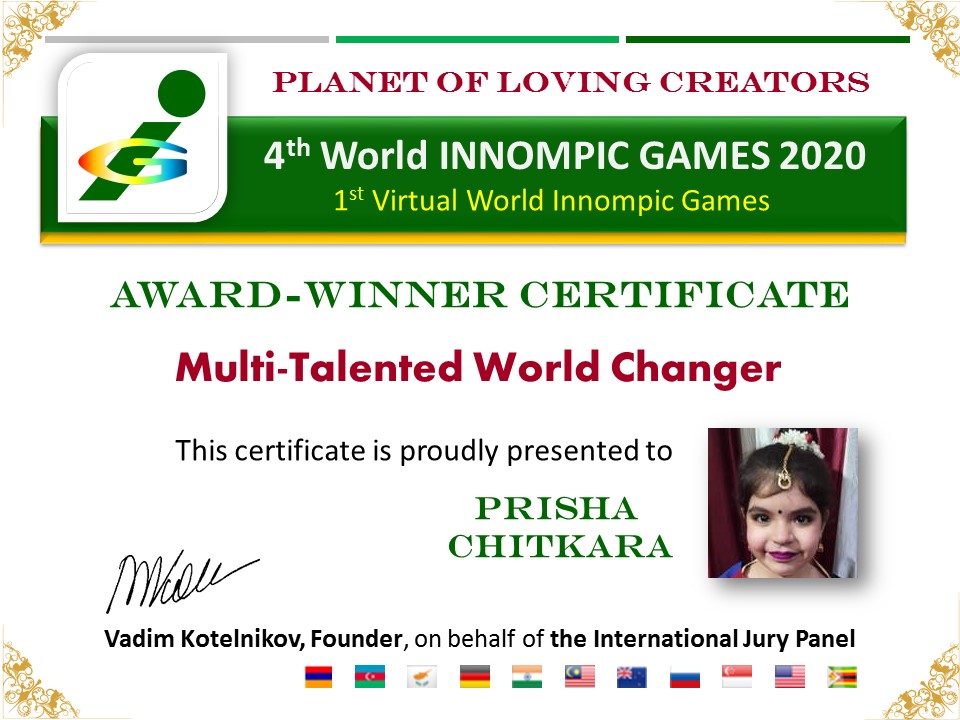 Multi-Talented World Changer award certificate, Prisha Chitkara, India girl