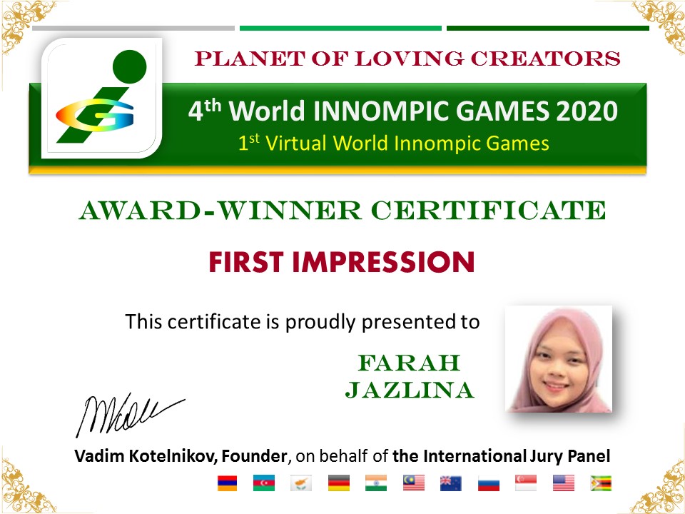 Creative award certificate: Miss First Impression World 2020, Farah Jazlina, Malaysia, Innomppic Games 2020