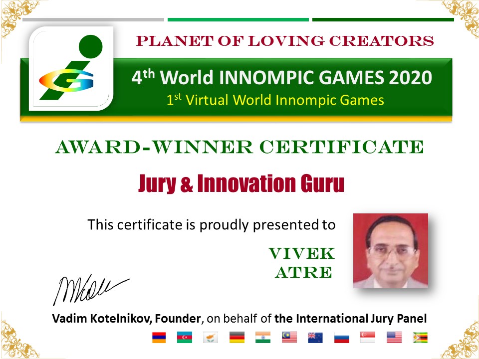 Best Indian Innovation Guru Videk Atre, Jury, World Innompic Games 2020 award certificate
