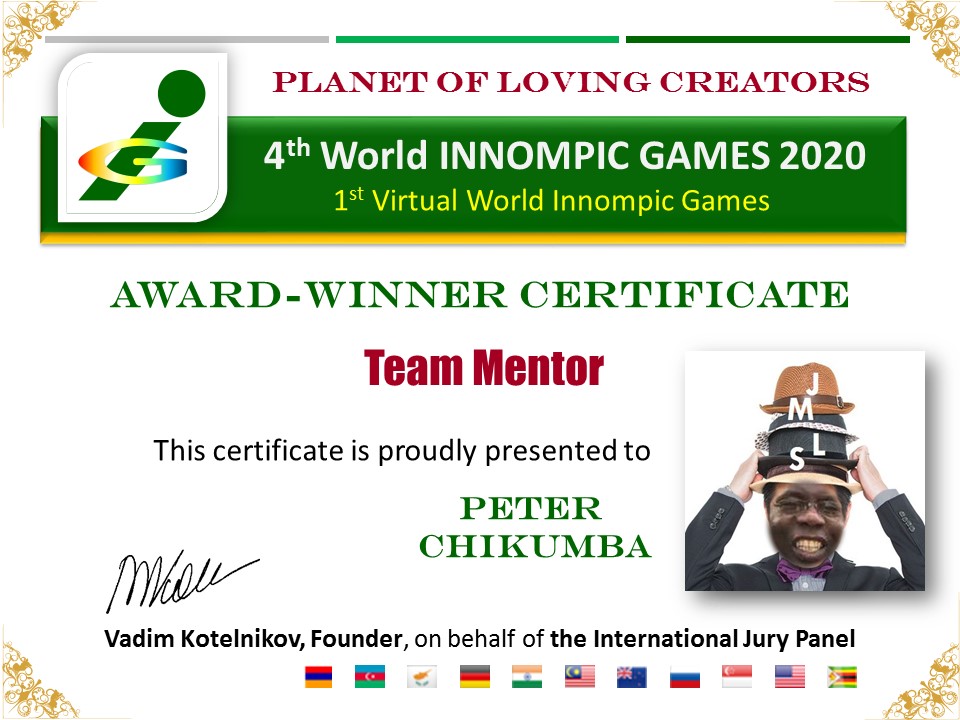 Best Team Mentor award certificate, Peter Chikumba, Zimbabwe, Africa, joke gift multi-hatted