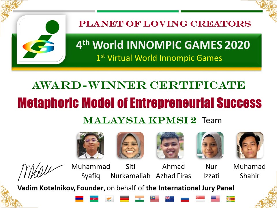 Innimpic Games 2020 award certificate Metaphoric Model of Entrepreneurial Success, Icecream, Malaysia KPMSI team