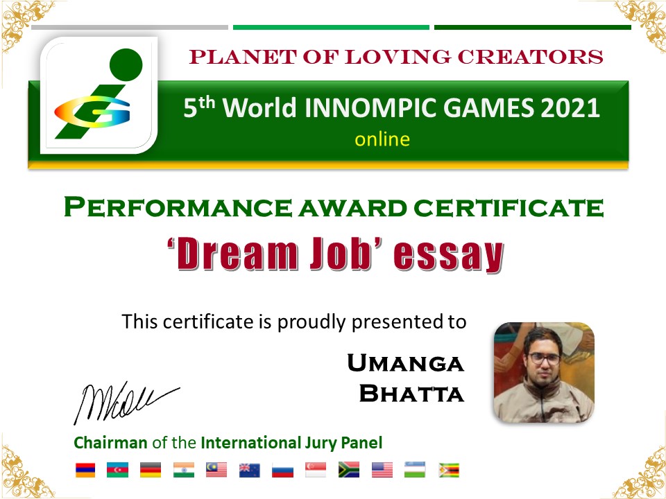 Award Certificate Dream Job Essay Umanga Bhatta Nepal Financial Consultant SAIM Innompic Games 2021