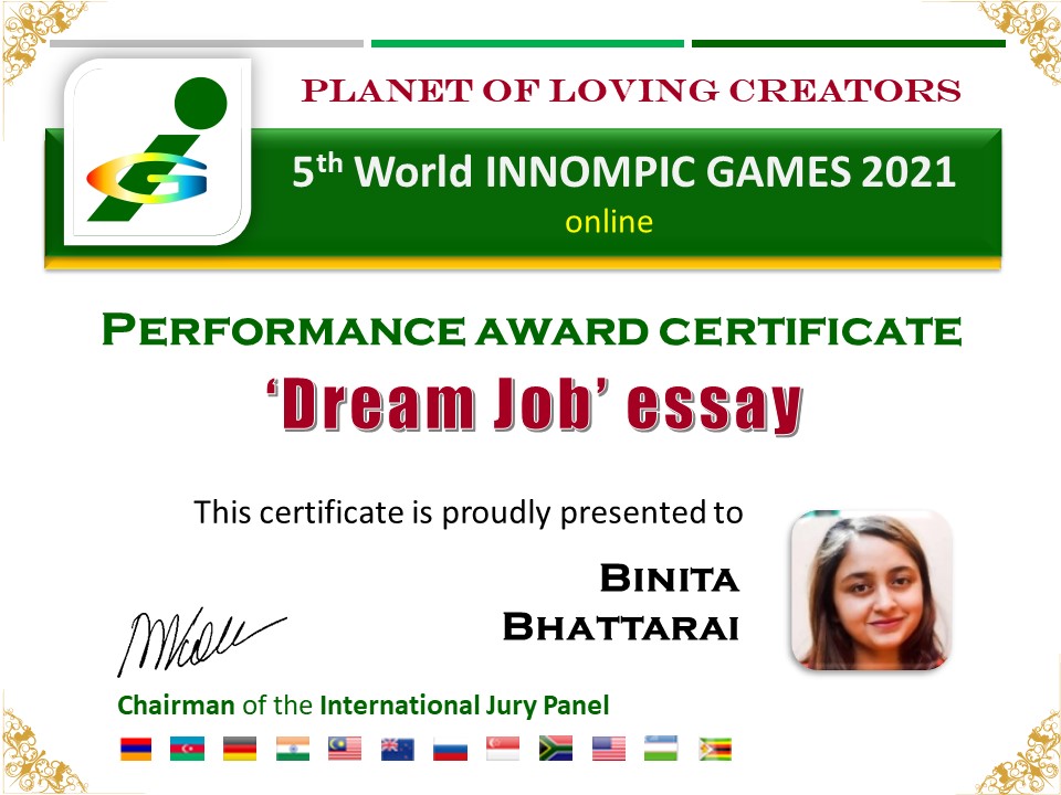 Dream Job essay award certificate, Binita Bhattarai, Nepal, SAIM, MBA, HR Manager