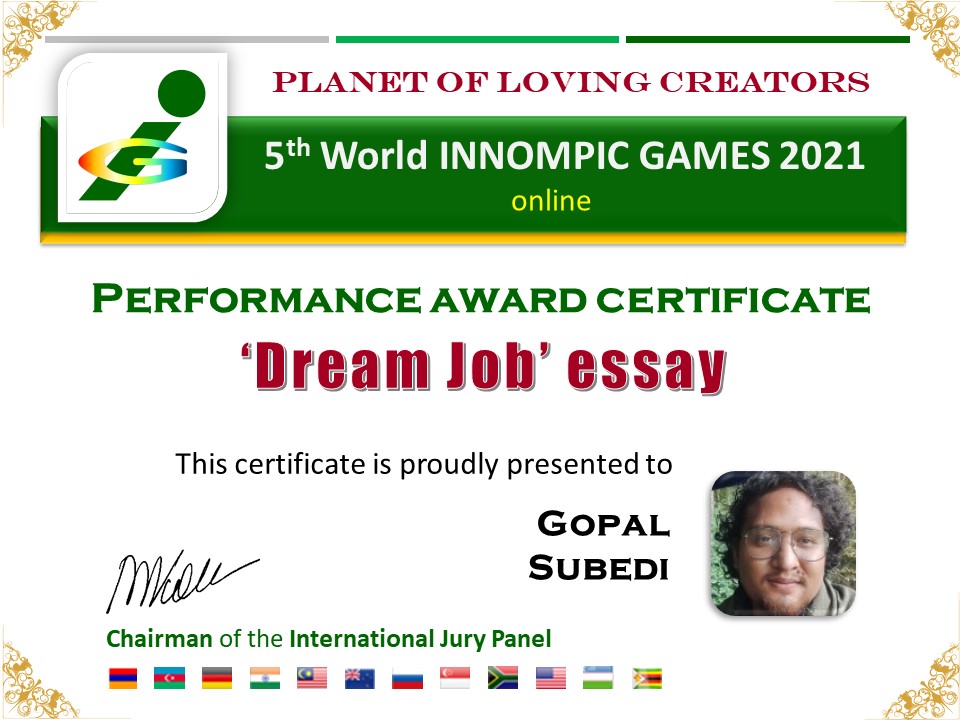 Dream Job essay award certificate, Gopal Subedii, Nepal, SAIM, MBA, HR Human Resources development