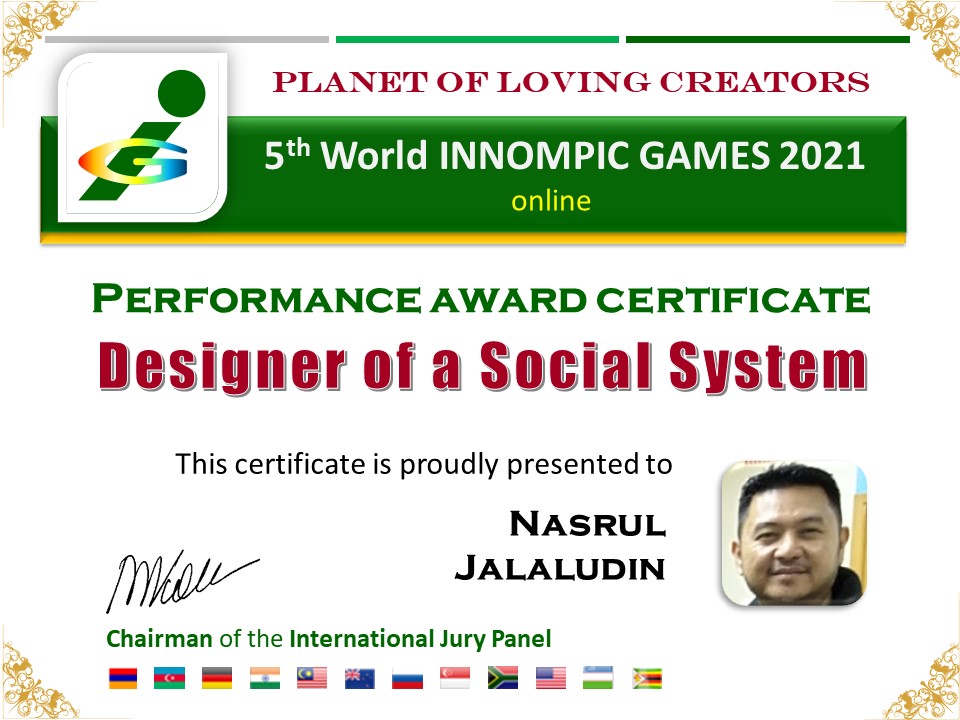 Designer of a Social System award certificate Nasrul Jalaludin, UniKL, Malaysia, World Innompic Games 2021