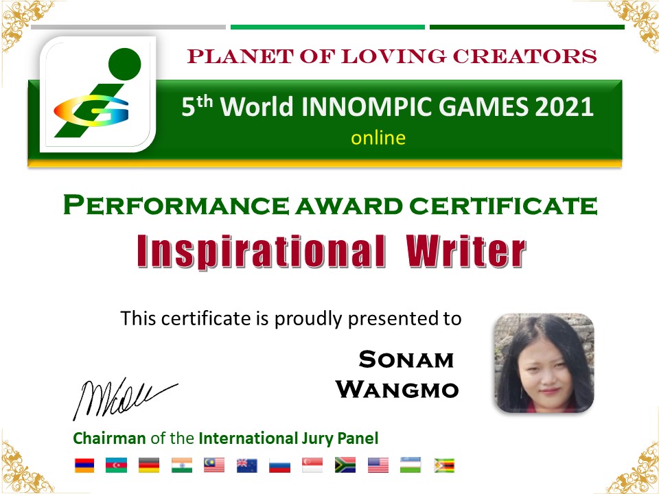 Inspirational Writer award winner Sonam Wangmo, Bhutan, World Innompic Games 2021